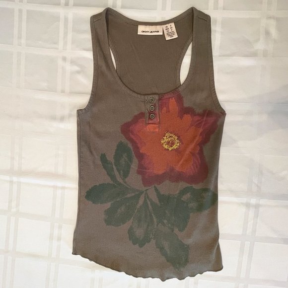 DKNY Tank Top Shirt Green Orange Flower Leaves Size Small Style KCMU8506